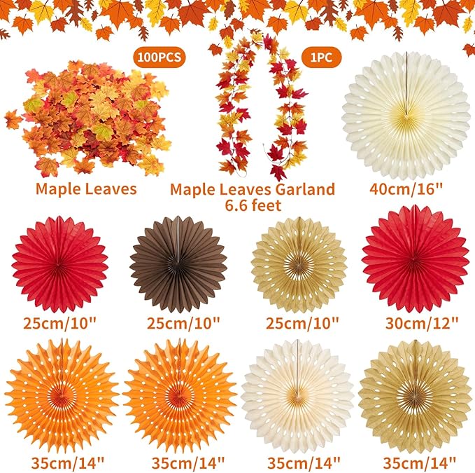 Fall Party Decorations, Fall Hanging Paper Fans, 100 Pcs Artificial Maple Leaves, Fall Leaves Garland, Fall Hanging Decorations, Pumpkin Orange Colors for Thanksgiving, Harvest Home Decor