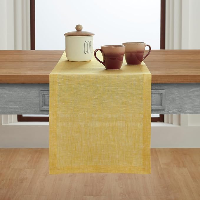 Solino Home Linen Small Table Runner 36 Inches - Athena, 100% Pure Linen Chambray Lemon Yellow Table Runner 14 x 36 Inch Ideal for Dresser and Coffee Tables, Spring, Easter