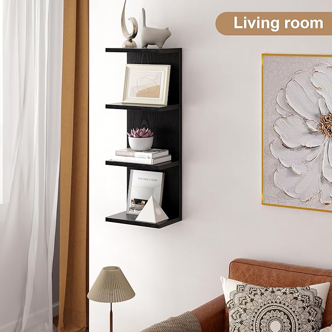 Fun Memories 4 Tier Wall Shelf Unit, Vertical Floating Shelf, Wall Mount Lack Shelving Home Decor Organizer Tall Tower Design Utility Shelving for Bedroom Living Room, Black