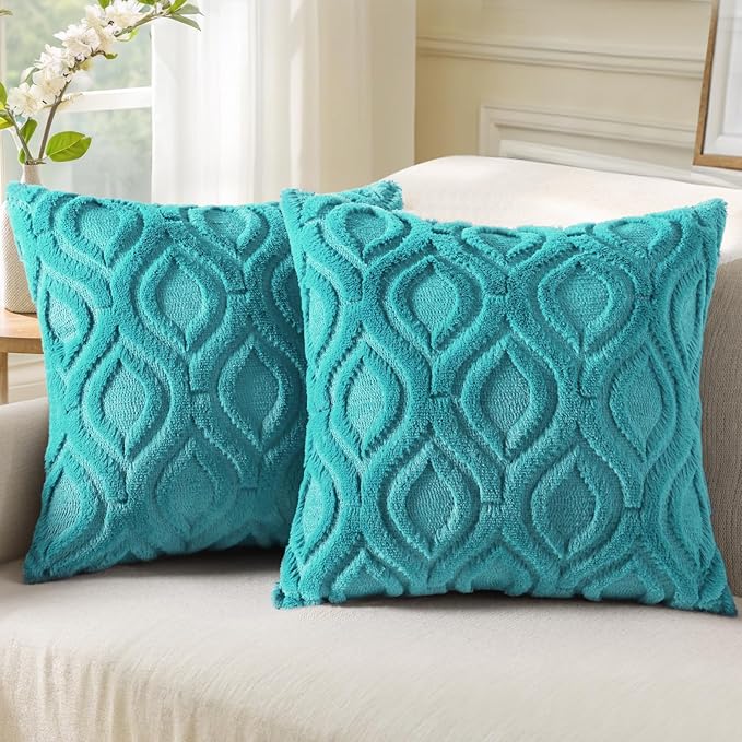 decorUhome Throw Pillow Covers 16x16 Inch Set of 2, Soft Plush Faux Wool Turquoise Solid Couch Pillow Covers, Accent Farmhouse Neutral Square Pillow Cases for Sofa Bed Living Room