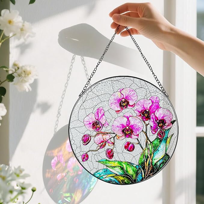 8-Inch Stained Glass Ornament, Stained Glass Window Hanging, Window Hanging Decor Suncatcher, Orchid Flower Ornament | Christmas, Mother's Day, Birthday | Gifts for Mom & Grandma, Flower Lover Gift
