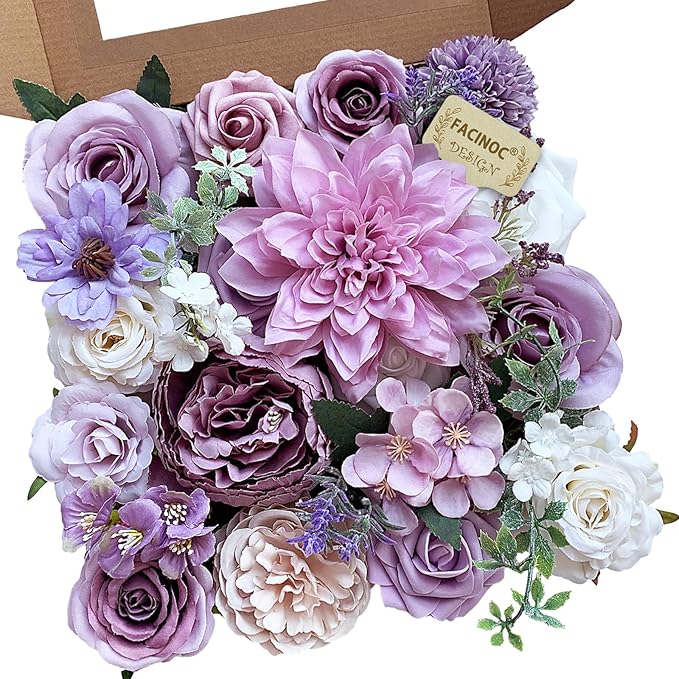 Roses Artificial Flowers Purple Fake Flower Bulk for DIY Wedding Bouquet Bridal Baby Shower Centerpiece Table Decorations Silk Faux Floral Arrangements for Party Home Decor Cake Decorating