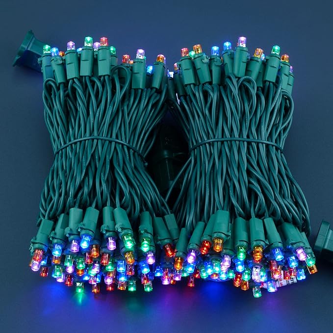 Multicolor Wide Angle Christmas Lights, Pack of 2 Sets 25 Ft 100 LED Green Wire 5mm UL Certified Commercial Grade Holiday String Light