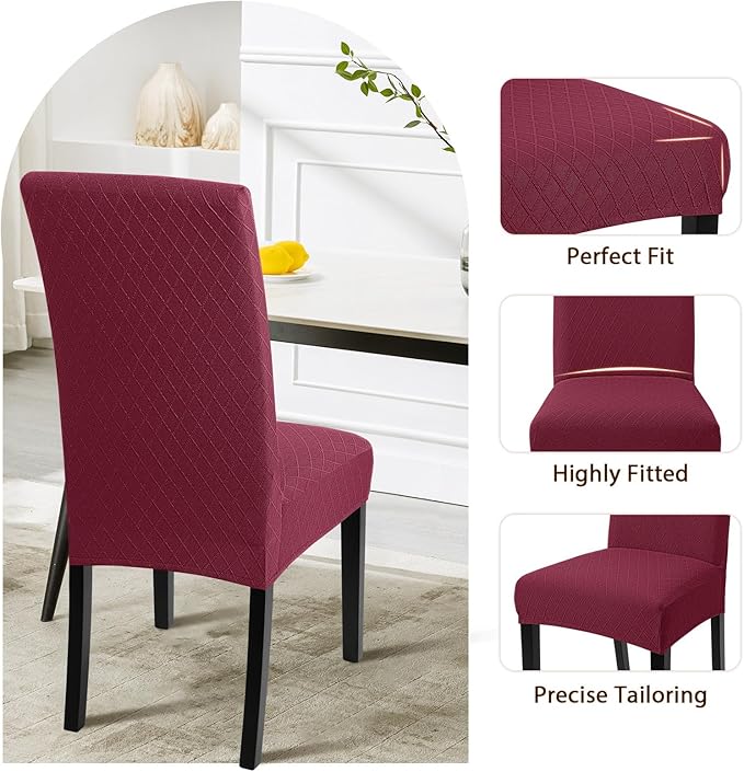SearchI Dining Room Chair Covers Set of 6, Stretch Jacquard Parsons Chair Slipcovers Removable Washable Kitchen Chair Protector Cover for Dining Room, Hotel, Ceremony (Wine Red Rhombus)