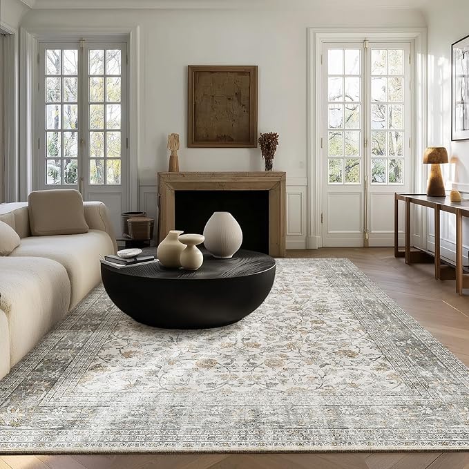 Machine Washable Rugs for Living Room: 5x7 Area Rugs for Bedroom Vintage Stain Resistant Non Slip Low Pile Soft Boho Carpet for Kitchen Dining Room Farmhouse Kids Room Nursery