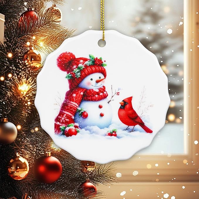 Christmas Snowman Cardinal Ornament – Ceramic Hanging Decoration for Christmas Tree, Cute Winter Snowman with Red Cardinal, Holiday Home Décor & Gift