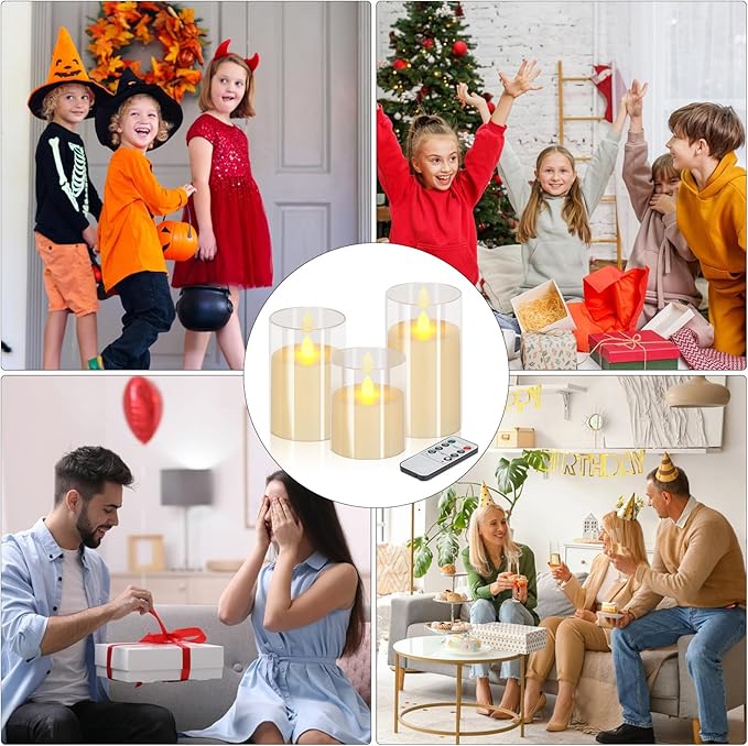 Flameless Candles 4" 5" 6" Set of 3 Acrylic Glass Pillars 3" Diameter Battery Operated Flickering Candles Include 10-Key Remote with Timer Function 400+ Hours (Pure White, Warm Light 9 Pack)