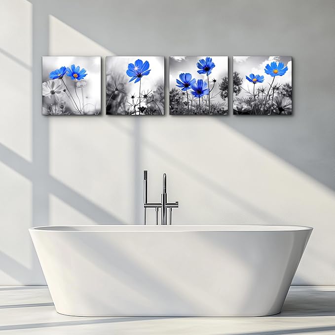Canvas wall art for kitchen Simple Life Black and white landscape cyan blue flowers wall Decor for bedroom Artwork 12" x 12" 4 Pieces Framed Canvas Prints Ready to Hang or living room Home Decoration