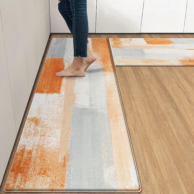 Arttown Orange Grey Anti-Fatigue Kitchen Rug Set of 2 Abstract Cushioned Floor Standing Mat Waterproof Non-Slip Mat and PVC Ergonomic Comfort Foam Rug