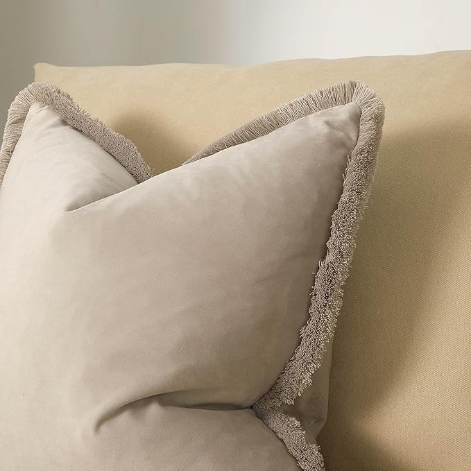 JUSPURBET Champagne Velvet Throw Pillow Covers 16x16 Inch Set of 2 with Soft Tassel Fringe Luxury Boho Pillowcase for Sofa Couch Bed Home Decor Machine Washable