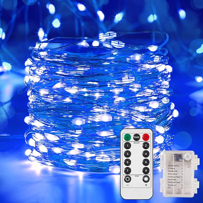 4 Pack 65.6 Ft. Battery Operated Outdoor String Lights with Remote & Timer, LED Blue Fairy Lights, Waterproof Twinkle Lights for Bedroom, Dorm, Mason Jar, Wedding, Party, Christmas