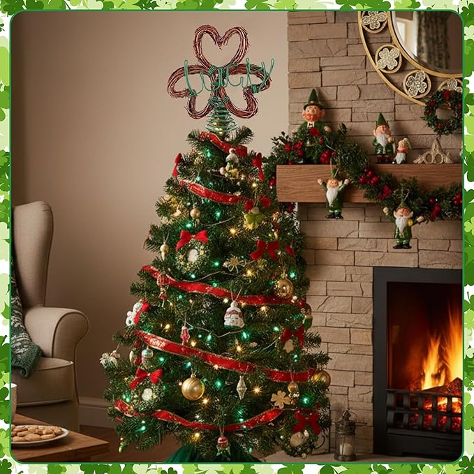 5' St Patrick's Day Mini Tree Topper Irish Lucky Shamrock Tree Topper Holidays Ornaments Farmhouse Retro Rattan Green Metal Decoration for Irish Festival Party Decorations