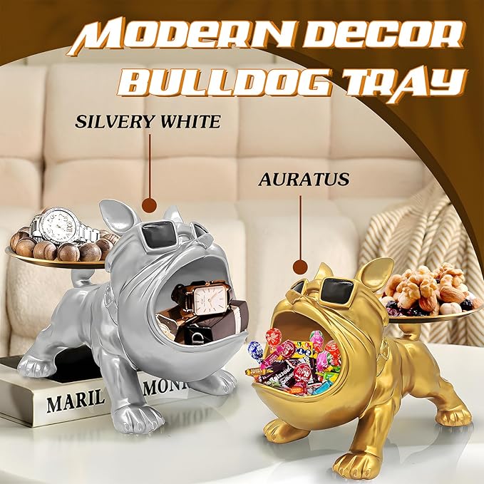 Resin French Bulldog Tray Statue, Bulldog Candy Dish Key Holder Bowl, French Bulldog Accessories, Statues for Office Desk Home Decor Figurines Entryway Table Decor (Gold)