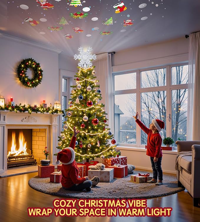 Christmas Tree Topper Lighted Decorations, Built-in Led 360° Rotating Projector Lights, Silver Spangles Plug in for Indoor Home Xmas New Year Party Holiday Night Tree Decor
