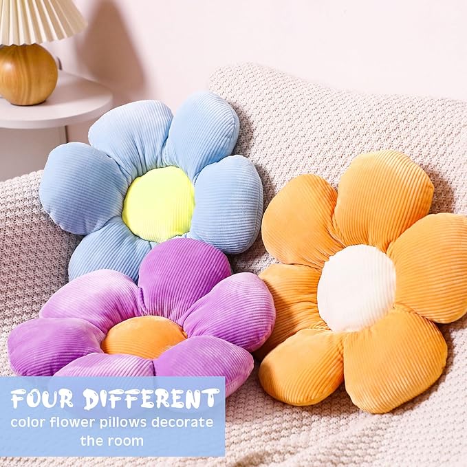 Reginary 4 Pcs Flower Floor Pillows Cute Plush Flower Throw Pillows Daisy Floor Seat Cushion Chair Pads for Christmas First Day of School for Sofa Couch Bed Decor(15 Inch,Bright Color)