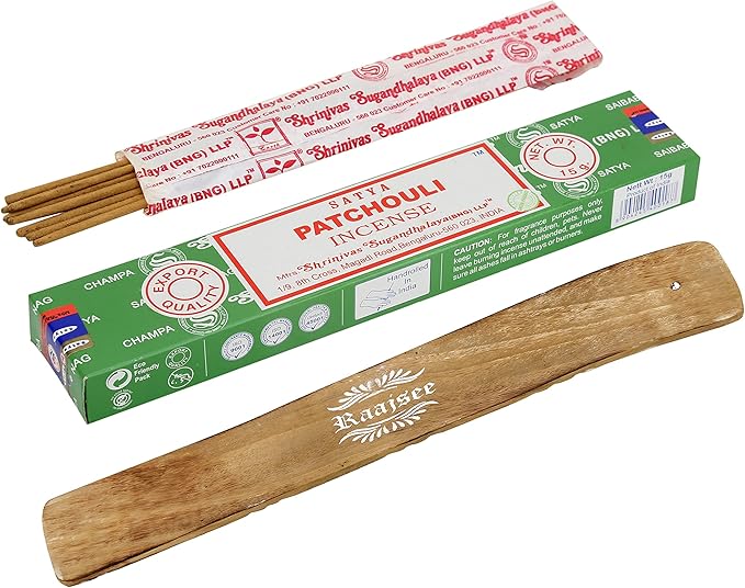 Satya Patchouli Incense Sticks, Satya Bng (Bangalore) Insenses 15gmx3 Pack (45 GMS) with Raajsee Incense Holder Bundle, Satya Nagchampa Natural Incense