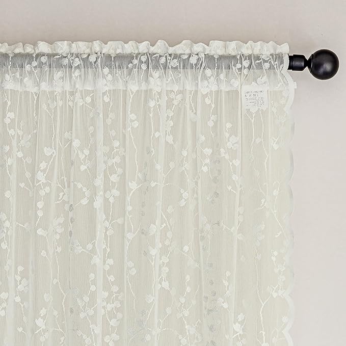 Ivory Lace Semi-Sheer Curtains 2 Panels – Vintage Branches Pattern Lace for Bedroom/Kitchen, Rustic Privacy Light Filtering Rod Pocket Drapes, Elegant Chic Window Treatments, 52W x 45L Inch