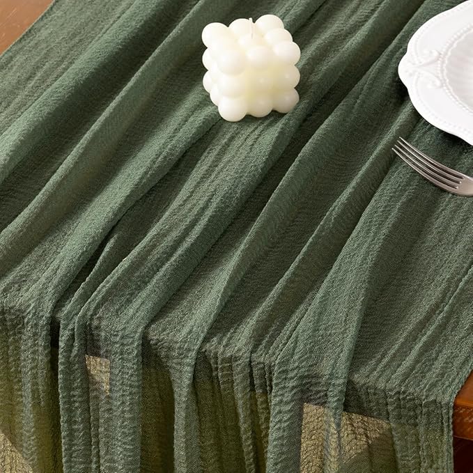 Socomi Green Cheesecloth Table Runner Olive Valentine's Day Gauze 120 Inch Rustic Boho Cheese Cloth Runner for Wedding Party Baby Bridal Shower Centerpiece Decoration Holiday Home Decorations