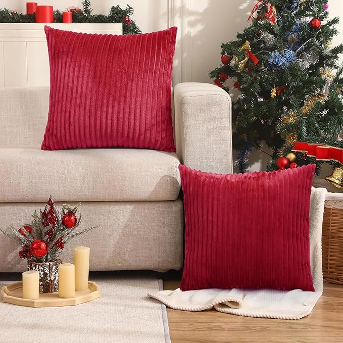Simmore Decorative Christmas Throw Pillow Covers 18x18 Set of 2, Soft Natural Plush Flannel Double-Sided Fluffy Couch Pillow Covers for Sofa Living Room, Red