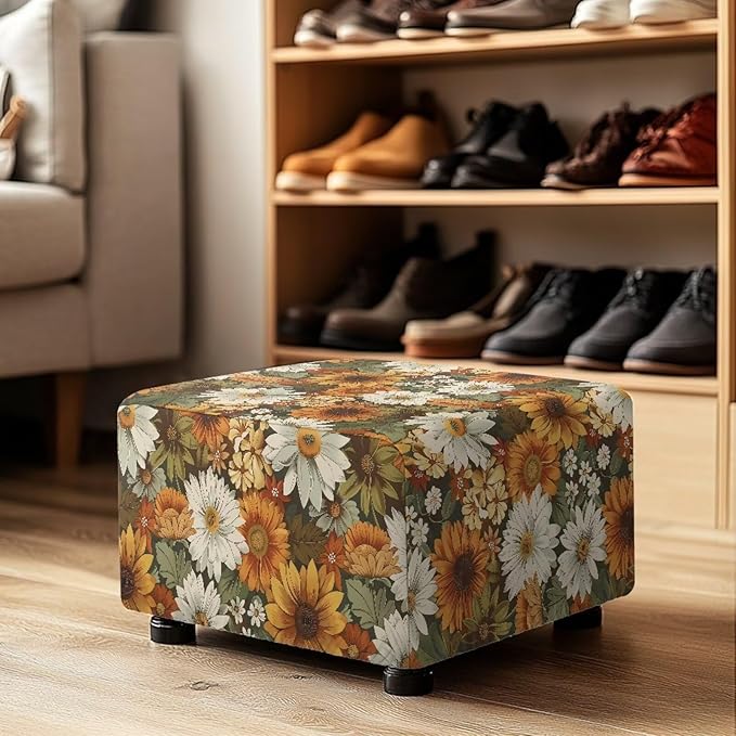 Sunflower Fall Ottoman Cover - Ultra Stretchy Machine Washable Slipcover for Rectangular Footstools, Cozy Thanksgiving Home Decor, 30x24x15 Inch for Friends