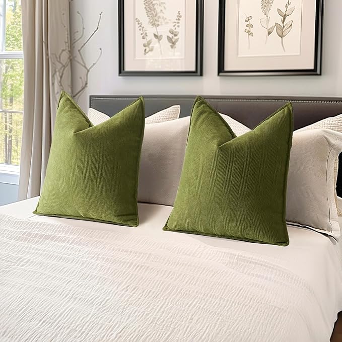 MIULEE Pack of 2 Moss Green Decorative Pillow Covers 16x16 Inch Soft Chenille Luxurious Couch Throw Pillows Farmhouse Cushion Covers with Elegant Design for Sofa Bedroom Living Room Home Decor