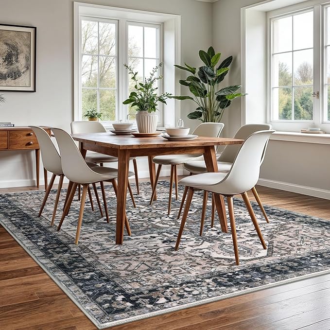KOZYFLY Boho Area Rug 6x9 Ft Thin Washable Rugs for Bedroom and Living Room Faux Wool Printed Throw Carpet Non Slip Rug for Entryway Kitchen Dining Room, Black/Taupe/Beige