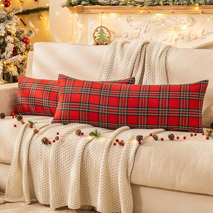 AQOTHES Pack of 2 Christmas Plaid Decorative Throw Pillow Covers Scottish Tartan Cushion Case for Farmhouse Home Holiday Decor Red and Green, 14 x 36 Inches