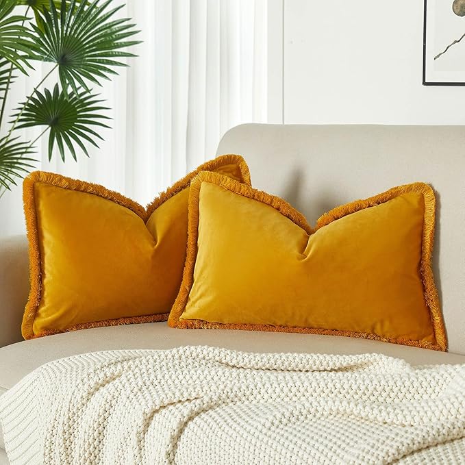 JUSPURBET Pack of 2 Gold Decorative Fringe Velvet Lumbar Throw Pillow Covers 12x20 for Home Decor Living Room Bedroom Car Boho Soft Cushion Cover with Hidden Zipper Machine Washable