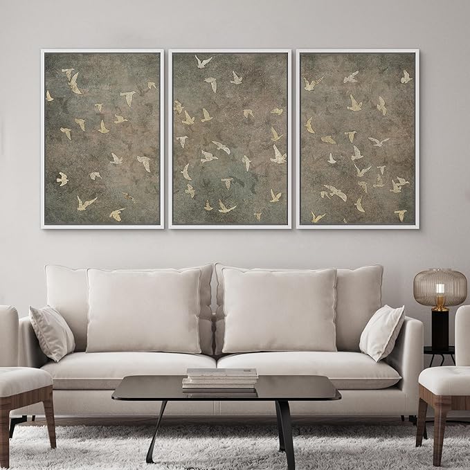 SIGNWIN Framed Canvas Print Wall Art Set Abstract Golden Birds in Flight Illustrations Modern Art Decorative Rustic Calm/Zen for Living Room, Bedroom, Office - 24"x36"x3 White