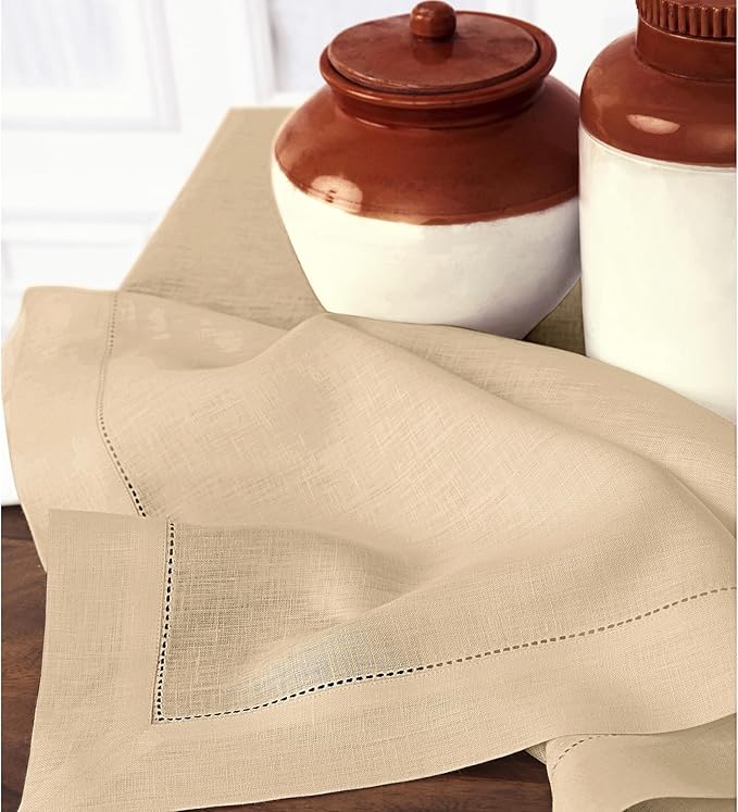 Solino Home Linen Beige Table Runner 72 Inches Long - 100% Pure Linen Hemstitch Table Runner 14 x 72 Inch for Dresser, Dining, Spring, Easter - Classic Hemstitch