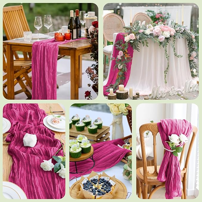 Asee'm 12pcs Cheesecloth Table Runner 120 Inches Long Fuchsia Boho Gauze Cheese Cloth Runner 10FT Rustic Sheer Table Runners for Christmas Wedding Party Baby Shower Spring Easter Decoration