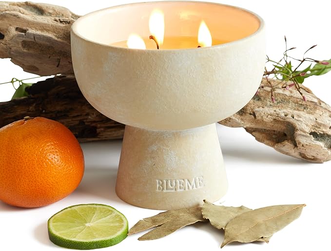 Blueme Nostalgia Candle | Bergamot & Musk | 3 Wick - Refillable Wellness Candle with Essential Oils, Hand Finished & Poured Soy Wax Blend Ceramic Vessel, Natural Cotton Wicks | Medium 12 oz