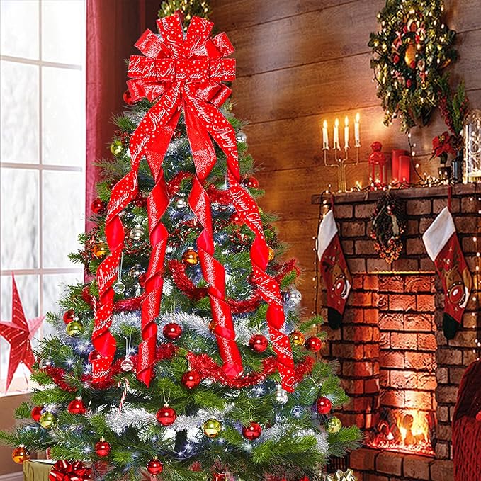 Christmas Tree Topper Christmas Wreath Bow, 52 * 13 inches Tree Toppers Bow with Letter Patterned Ribbon for Xmas Tree Christmas Rustic Farmhouse Home Holiday Party Decorations Red