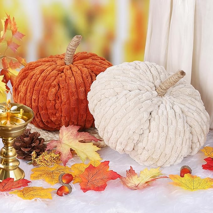 2pcs Faux Pumpkins Fall Harvest Fabric Plush Pumpkin Thanksgiving Halloween Decor for Table Centerpiece Farmhouse (Beige/Orange)