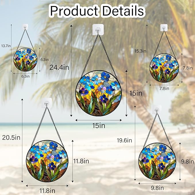 Stained Glass Window Hanging - Blue Wildflower Plant Flowers Sun Catcher for Door Garden Home Decor Suncatcher Christmas Mother's Day Birthday Gifts for Women Men Mom Nana 7.8 in