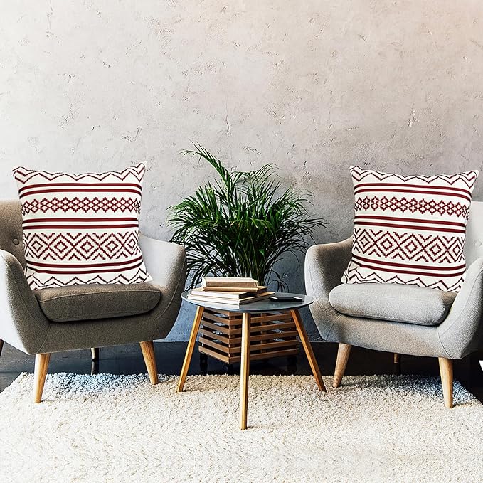 Decorative Throw Pillow Covers Set of 2 Wine Red Boho Pillow Covers 16x16 Inch Throw Pillow Cover Linen Pillowcase Modern Farmhouse Outdoor Pillow Covers for Couch Sofa Bed Living Room