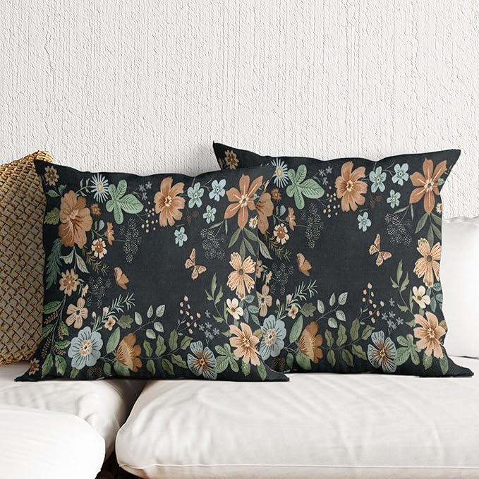 Floral Throw Pillow Covers 18x18 Inch Boho Flowers Throw Pillow Covers for Couch Rustic Botanical Dark Decorative Pillowcase with Zipper Standard Size Farmhouse Sofa Cushion Cover Sets of 2