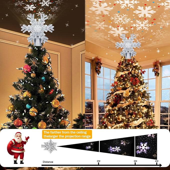 Christmas Tree Topper, 3D Rotating Silver Snowflake Pattern Projector for Xmas Tree Topper, Hollow Design Christmas Decorations, Christmas Decor