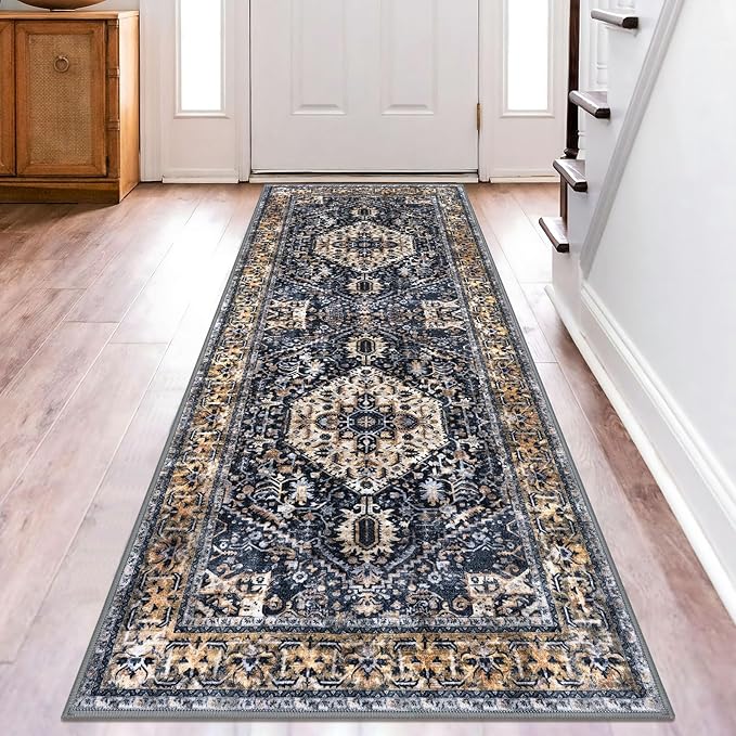 KOZYFLY Runners for Hallways 2.6x8 Ft Washable Kitchen Runner Rug Boho Runner Rug for Entryway Indoor Gold Navy Printed Oriental Faux Wool Floor Carpet Runner for Bedroom Kitchen Hall