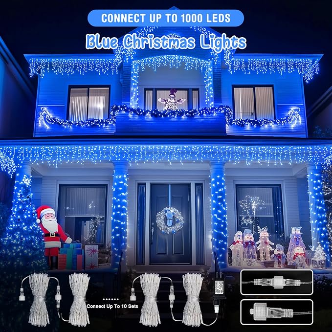 JMEXSUSS 2 Pack 100 LED Blue Christmas Lights Indoor Outdoor, 33ft Connectable Christmas String Lights Plug in, 8 Modes Clear Wire Blue LED Lights for Xmas Tree Yard Bedroom Party Fireplace Decoration