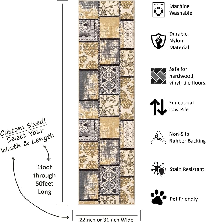 Custom Size Grey Ivory Fancy Patchwork Rubber Backed Non-Slip Hallway Stair Runner Rug Carpet 31 inch Wide Choose Your Length 31in X 16ft