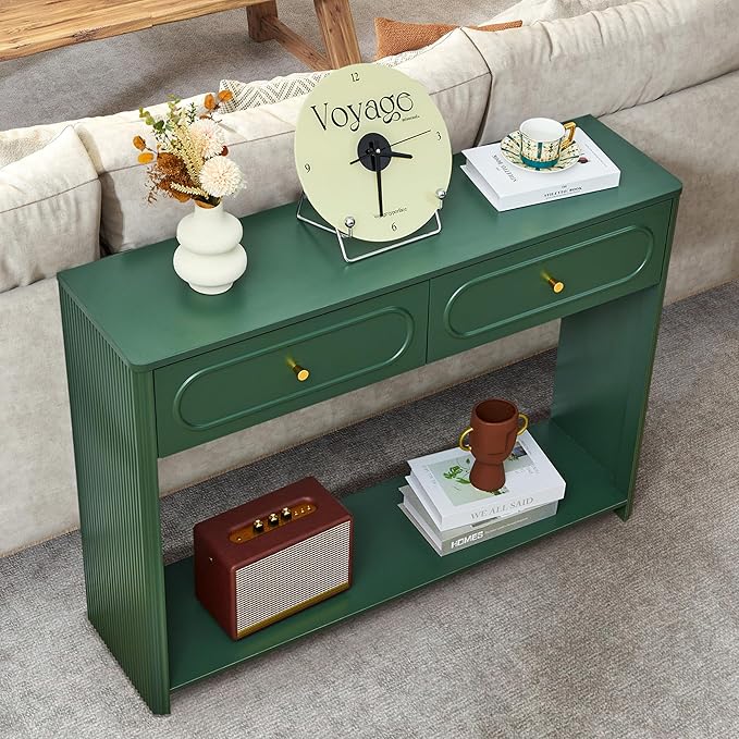 ORRD Fluted Console Table with Drawers, Mid-Century Narrow Entryway Table with Open Storage Shelves, Hallway Accent Tables Behind Couch Tables for Living Room (Green)