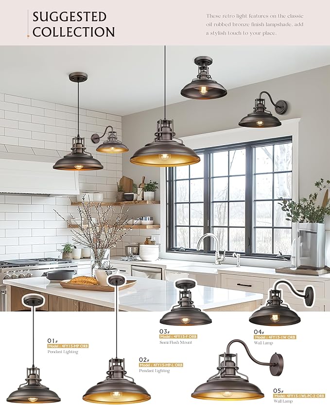 FEMILA 18" Outdoor Pendant Lights for Porch, Farmhouse Pendant Light, Barn Vintage Hanging Light Fixture for Kitchen Island, Adjustable Height,Oil Rubbed Bronze Finish, 4FY15-MP-L ORB