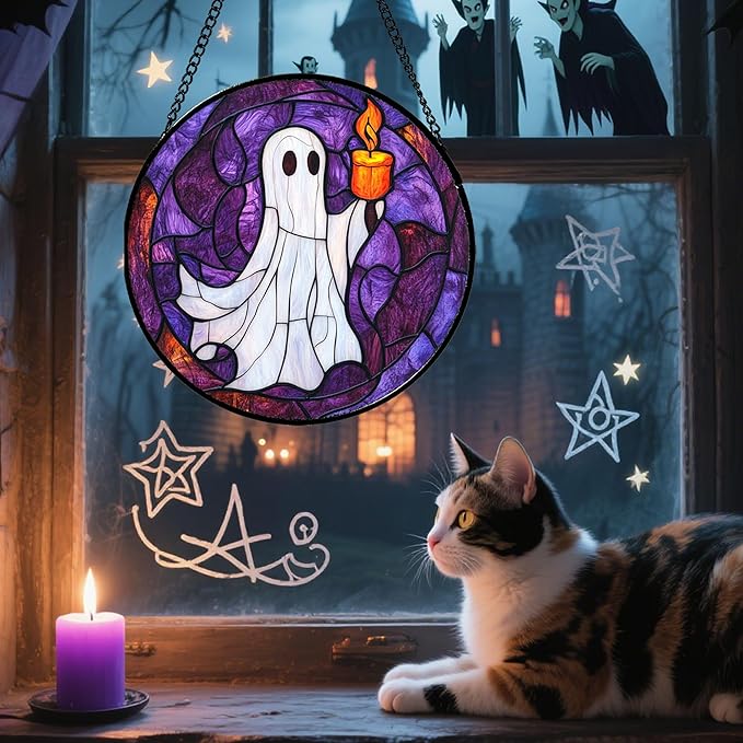 Stained Glass Window Hanging - Halloween Decorations Ghost Suncatcher for Doors Garden Indoor Spooky Funny Purple Sun Catchers Gothic Decor Horror Gifts for Women Men Friend 6.3 in