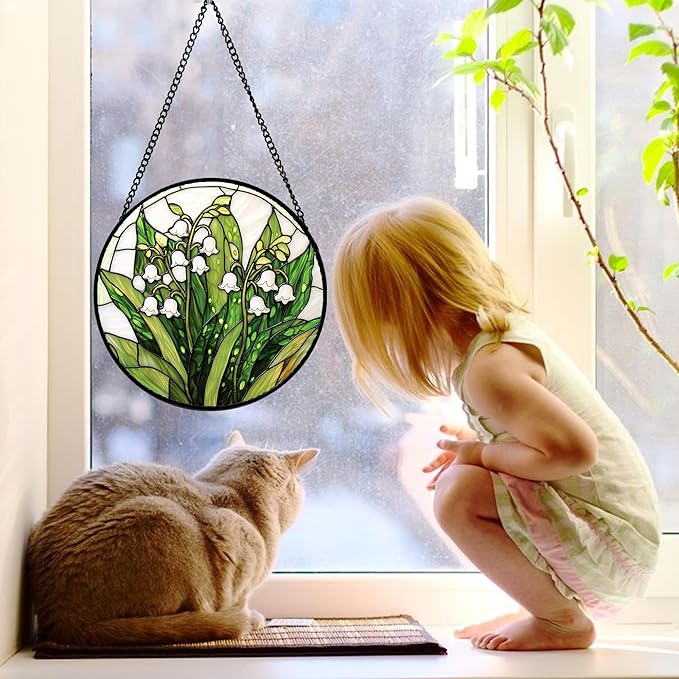Stained Glass Window Hanging, Lily of The Valley Flower Sun Catchers Colorful Glass Panel Green Plants Suncatcher Decor for Birthday for Women, Men,Wife, Lovers, and Mom 9.8 in