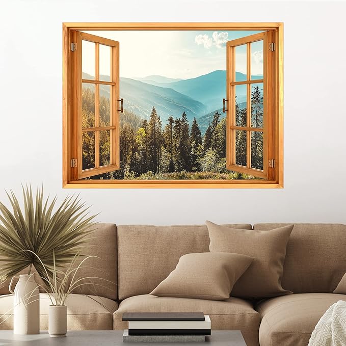 SIGNWIN Removable Wall Sticker/Wall Mural Window View Mountain Range Forest Clouds Nature Wilderness Photography Realism Decorative Landscape Digital Art for Living Room, Bedroom, Office - 36"x48"