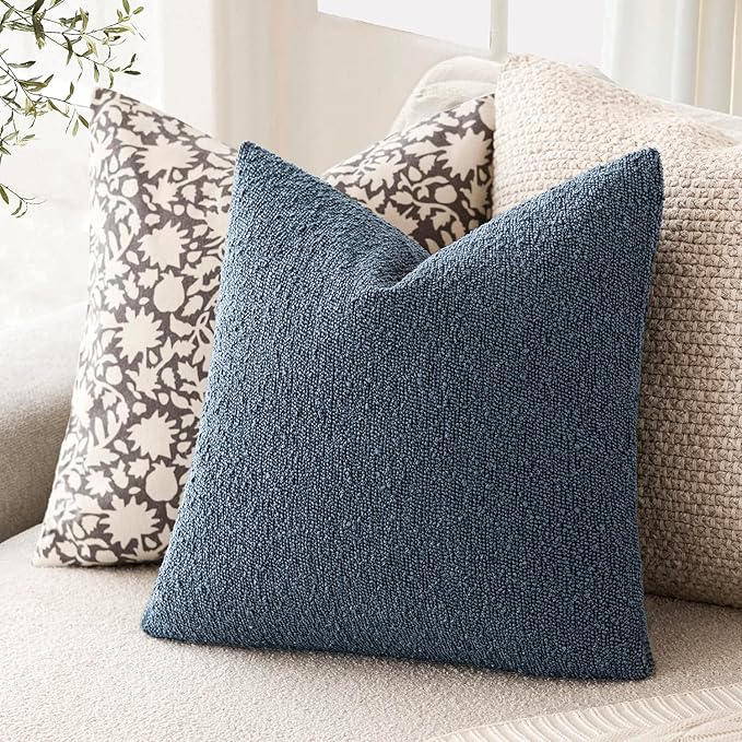 Foindtower Pack of 2 Textured Boucle Throw Pillow Covers Accent Solid Pillow Cases Cozy Soft Decorative Couch Cushion Case for Chair Sofa Bedroom Living Room Home Decor 18x18 Inch Dark Blue