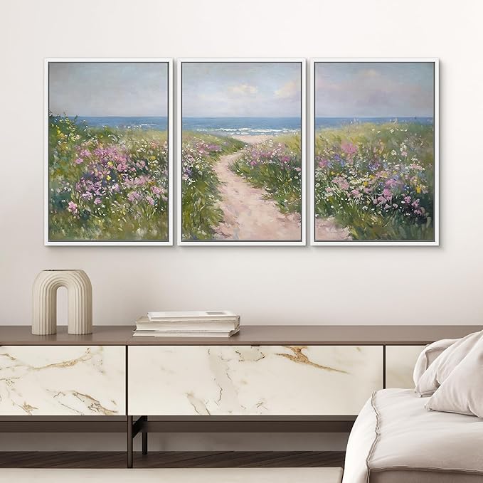 SIGNWIN Framed Canvas Print Wall Art Set Path to The Sea Coastal Floral Landscape Illustrations Modern Art Decorative Rustic Calm/Zen for Living Room, Bedroom, Office - 16"x24"x3 White