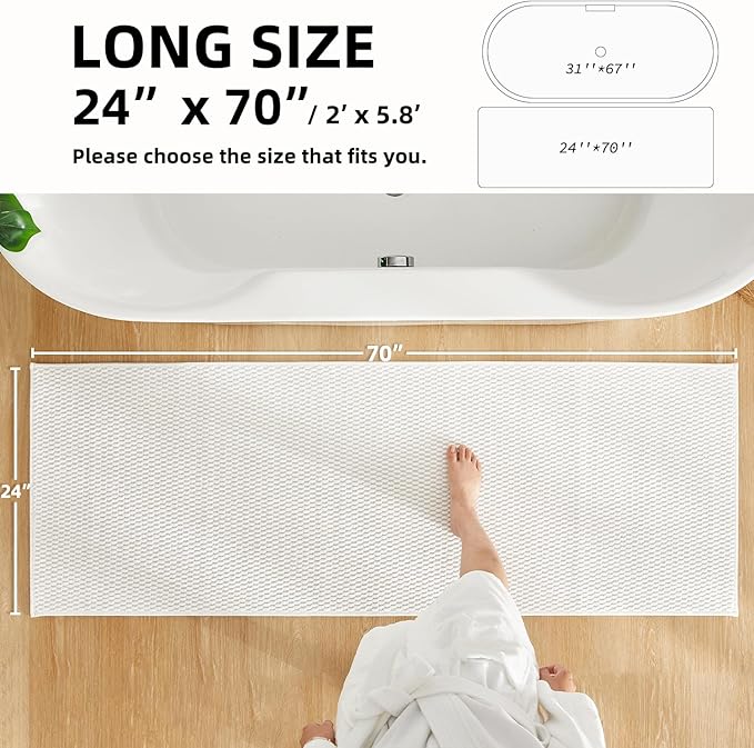 Bathroom Runner Rugs, Long Bath Mat Runner Washable Thin Quick Dry Low Pile Bathroom Runner Rugs Non Slip, White 24"x70"