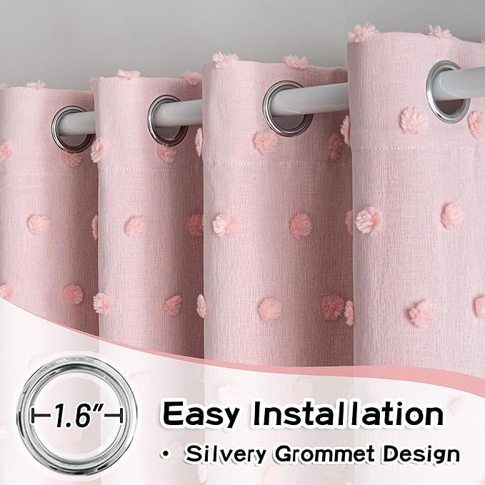 MYSKY HOME Pink Curtains for Girls Bedroom Pom Pom Sheer Curtain 63 Inches Length Thermal Insulated Nursery Blackout Curtains Room Darkening Short Kitchen Drapes Grommet, 52 x 63 in, 2 Panels